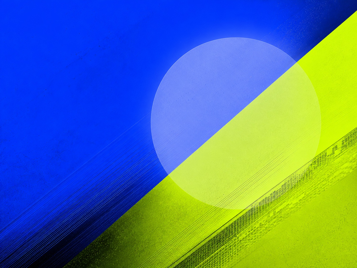 Translucent periwinkle circle crossing cobalt and acid-lime geometric planes.
