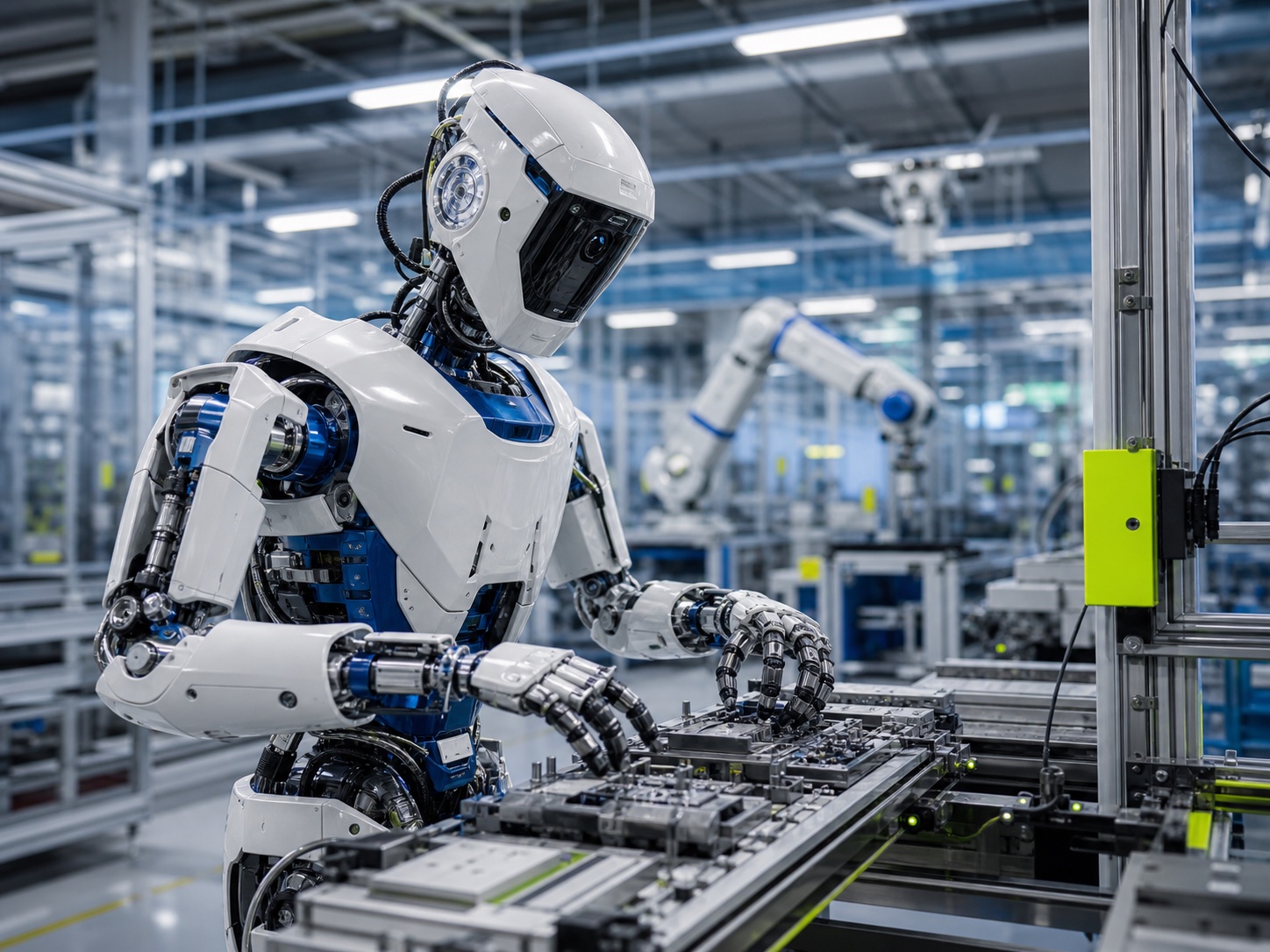 Editorial image of a humanoid robot working on an advanced factory line.