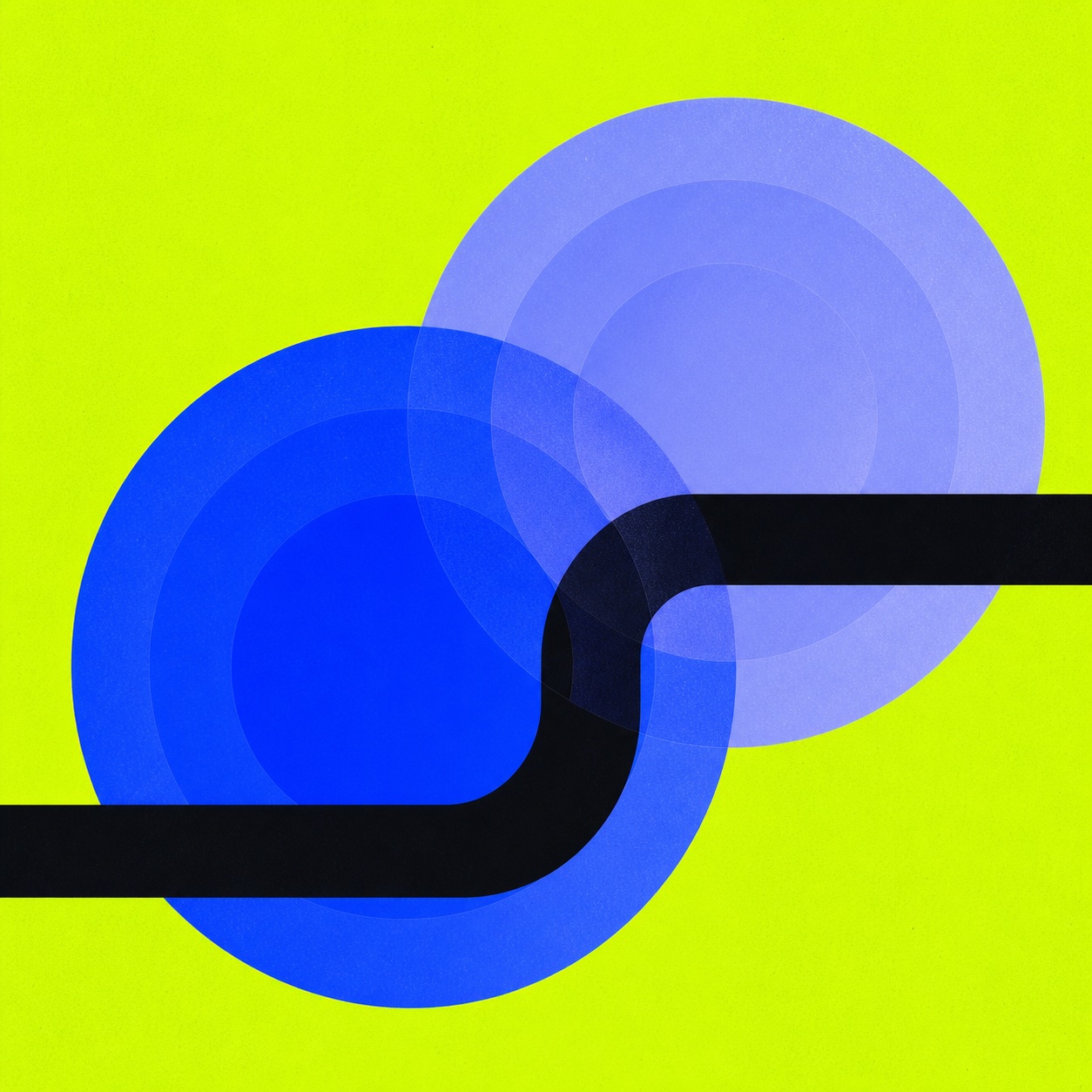 Editorial illustration of a programmable settlement path connecting cobalt and periwinkle forms.
